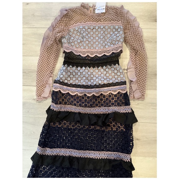 Self Portrait Lace Trimmed Maxi Dress Pink/Blue Floral Sheer Sleeve Size 6 Nwt - Picture 7 of 9